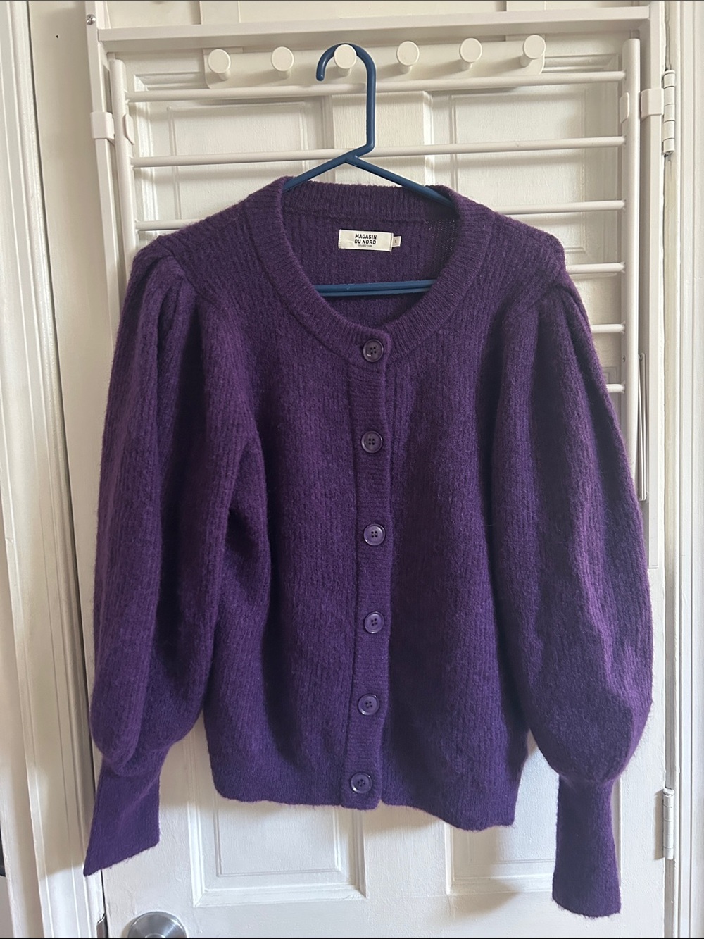 Magasin Du Nord Deep grape Purple Puff-Sleeve Button Cardigan